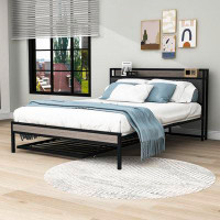 17 Stories Caressa Caressa Queen Metal Platform Bed with Twin trundle, Upholstered headboard, Sockets and USB Ports
