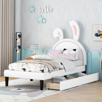 Trinx Upholstered Leather Platform Bed with Rabbit Ornament and 2 Drawers