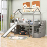 Harper Orchard Robenson Twin Size Wood Loft Bed With Storage Stairs And Slide