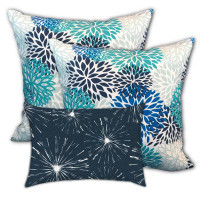 HomeRoots Set Of Three 18" X 18" Blue And White Blown Seam Floral Throw Indoor Outdoor Pillow