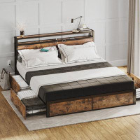 17 Stories Full Size Bed Frame With Storage, 2-tier Storage Headboard With Charging Station And 4 Drawers