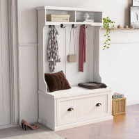 Lipoton White Entryway Hall Tree With Coat Rack 4 Hooks And Storage Bench Shoe Cabinet_64.6 x 40.19 x 18.53