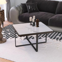 Latitude Run® Minimalism Square Coffee Table,Black Metal Frame With Sintered Stone Tabletop