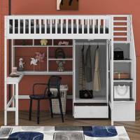 Harriet Bee Full Size Loft Bed With Bookshelf,Drawers,Desk,And Wardrobe