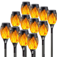MooJ 12-Pack Solar Outdoor Lights For Garden Decorations With Flickering Flame (Upgraded Super Bright), Waterproof Tiki