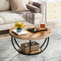 17 Stories 2-Tier Centre Round Wooden Coffee Table Storage Shelves Sofa Side Table Home Office Grain and Black