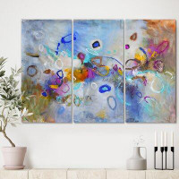 East Urban Home Energetic Dance of Yellow and Blue - 3 Piece Wrapped Canvas Painting Print Set