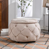 House of Hampton Round Woven Ottoman With Large Button Tufting And Storage Functionality
