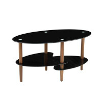Wrought Studio Black Oval Glass Coffee Table, Modern Table In Living Room Oak Wood Leg Tea Table 3-Layer  Tempered Glass
