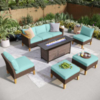 Wildon Home® 7-piece Wicker Outdoor Patio Furniture Set, Sectional Patio Set With Cushions, Fire Pit Table