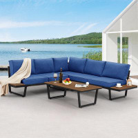Latitude Run® 4-piece Outdoor Conversation Set With Polywood Slat-top Coffee Table, All-weather L-shaped Metal Patio Sec