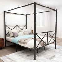 Gracie Oaks 83.07"L Metal Canopy Platform Bed Frame,Queen With X Shaped Frame,Black