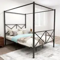 Gracie Oaks 83.07"L Metal Canopy Platform Bed Frame,Queen With X Shaped Frame,Black