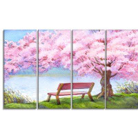 Design Art Bench Under Flowering Peach Tree Floral 4 Piece Painting Print on Wrapped Canvas Set