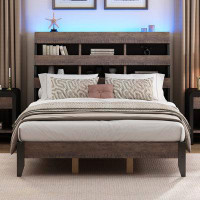 Wrought Studio Mid Century Modern Style Queen Bed Frame with Bookshelf and LED Lights and USB Port
