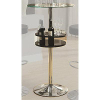 Mercer41 Round Bar Table With Tempered Glass Top And Storage, Black And Chrome
