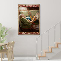 Trinx 10_Girl On Couch - Ukeleles And Wine Make Everything Fine Gallery Wrapped Canvas - Wine And Music Illustration Dec