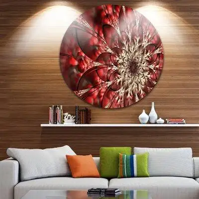 Made in Canada - Design Art 'Red Symmetrical Flowers Pattern' Graphic Art Print on Metal
