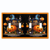 WorldAcc Metal Light Switch Plate Outlet Cover (Halloween Spooky Tree House Pumpkin - Quadruple Toggle)