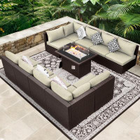 Latitude Run® Maygan 13 Piece Patio Wicker Sofa Set With Fire Pit Table and Cushions