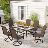Lark Manor 7-pieces Patio Dining Set Pvc Imitation Wood-grain Stitching Tabletop High Backrest Swivel Rattan Chairs For