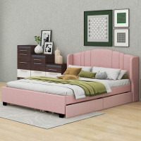 Red Barrel Studio Queen Size Upholstered Platform Bed With Wingback Headboard, One Twin Trundle And 2 Drawers