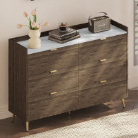 Mercer41 55" Long 6 Drawer Dresser With Marbling Worktop, Mordern Storage Cabinet With Metal Leg And Handle For Bedroom,