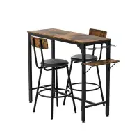 17 Stories Bar Table with Wood Top and Metal Base, Including Two Chairs - Adjustable Base