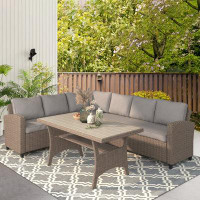 Red Barrel Studio Outdoor 3-Piece Wicker Patio Conversation Set With Grey Cushions
