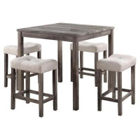 Red Barrel Studio 5 Piece Counter Height Table Set With 4 Stools, Beige Fabric, Gray Wood