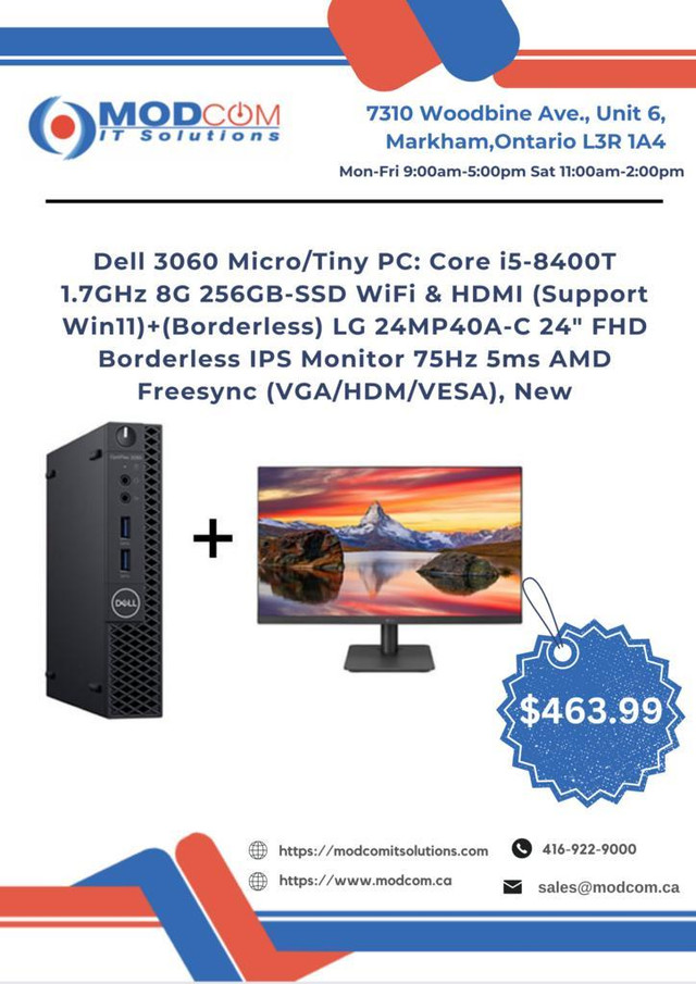 PC OFF LEASE Dell Optiplex 3060 Tiny PC, Core i5-8400T 8GB 256GB-SSD + NEW (Borderless) LG 24 IPS Monitor FOR SALE!!! in Desktop Computers