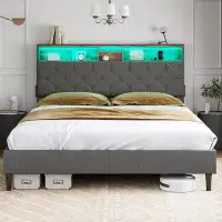 17 Stories Full Size Led Bed Frame With Headboard, Diamond Button Tufted Platform Bed With Outlets And Usb Ports, Fabric