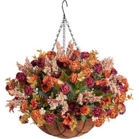 Primrue Artificial Hanging Flower Basket ,Artificial Silk Rose Fake Plant ,Coconut Lining Basket