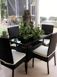 5 Piece Rattan Wicker Patio Dining Set with Glass Top Coffee Table