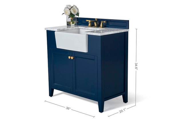 36 Inch Adeline Bathroom Vanity With Farmhouse Sink & Carrara White Marble Top Cabinet Set Available in 3 Finishes ANC in Cabinets & Countertops - Image 4