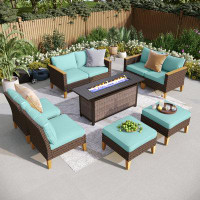 Red Barrel Studio 8-piece Wicker Outdoor Patio Furniture Set, Sectional Patio Set With Cushions, Fire Pit Table