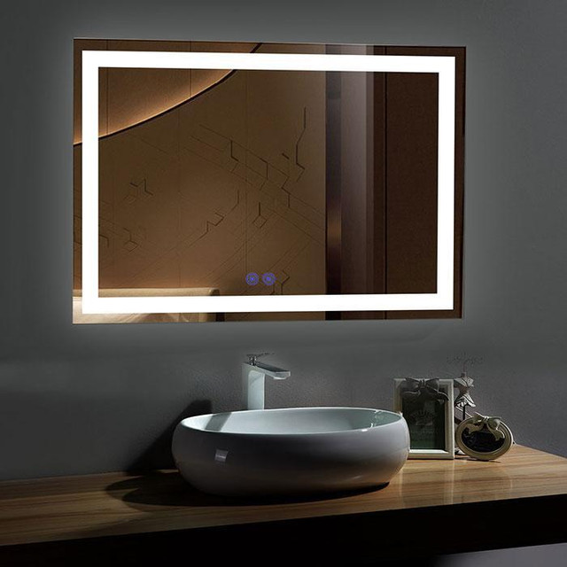 Front Framed LED Bathroom Mirror H=36 In ( W= 48 & 55 ) w Touch Button, Anti Fog, Dimmable, Vertical & Horiz Mount in Floors & Walls