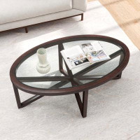 Latitude Run® Modern Simple Glass Coffee Table, Tempered Glass Coffee Table Solid Wood Base Round Transparent Glass Top