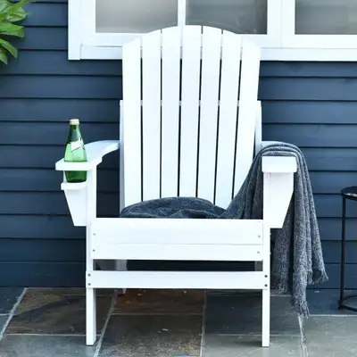 Fir Wood Muskoka Adirondack Lounge Chair Outdoor Garden Deck Patio Lounger w Cup Holder, White