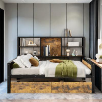 17 Stories Metal Industrial Style Wooden Daybed With Storage Shelves And Drawers