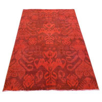 Isabelline 5'2"x8'3" Candy Apple Red Cast Overdyed Ikat, Hand Knotted, Pure Wool, Oriental Rug FC03B76471EE4A11A373948B3