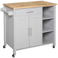 WOODEN ROLLING KITCHEN ISLAND ON 360° SWIVEL WHEELS DINING CART WITH DRAWER FOR KITCHEN, GREY