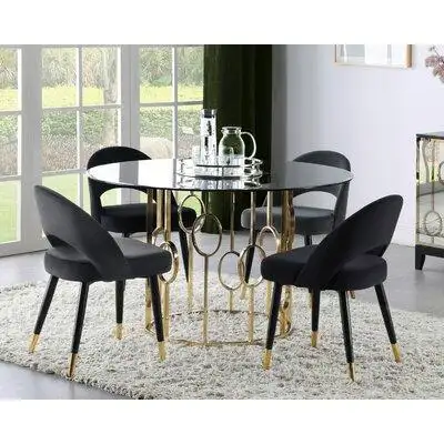 BSD National Supplies Spartan Modern Design Gold Frame Smoked Glass Top 5-Piece Round Dining Set With Grey Velvet Chairs