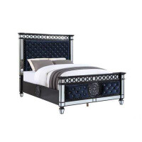 Benjara King Bed With Mirrored Inlay And Diamond Tufting, Black And Silver
