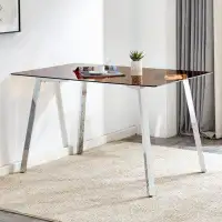 Wrought Studio Modern Minimalist Style Rectangular Glass Dining Table, Brown Tempered Glass Tabletop And Silver Metal Le