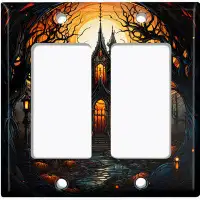 WorldAcc Metal Light Switch Plate Outlet Cover (Halloween Spooky Manor House - Double Rocker)
