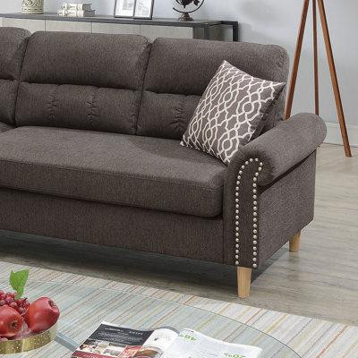 Latitude Run® Tan Colour Polyfiber Reversible Sectional Sofa Set Chaise Pillows Plush Cushion Couch Nailheads in Multi-item in Québec