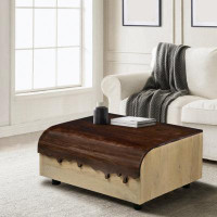 Wenty 36 Inch Modern Mango Wood Coffee Table, Drip Design Walnut Brown Surface, Oak White Frame