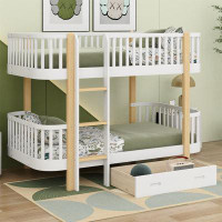 Harriet Bee Wood Twin Over Twin Bunk Bed With Fence Guardrail And A Big Drawer