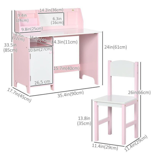 2PCS KIDS DESK AND CHAIR SET WITH WHITEBOARD, STORAGE, SHELVES, PINK in Toys & Games - Image 3